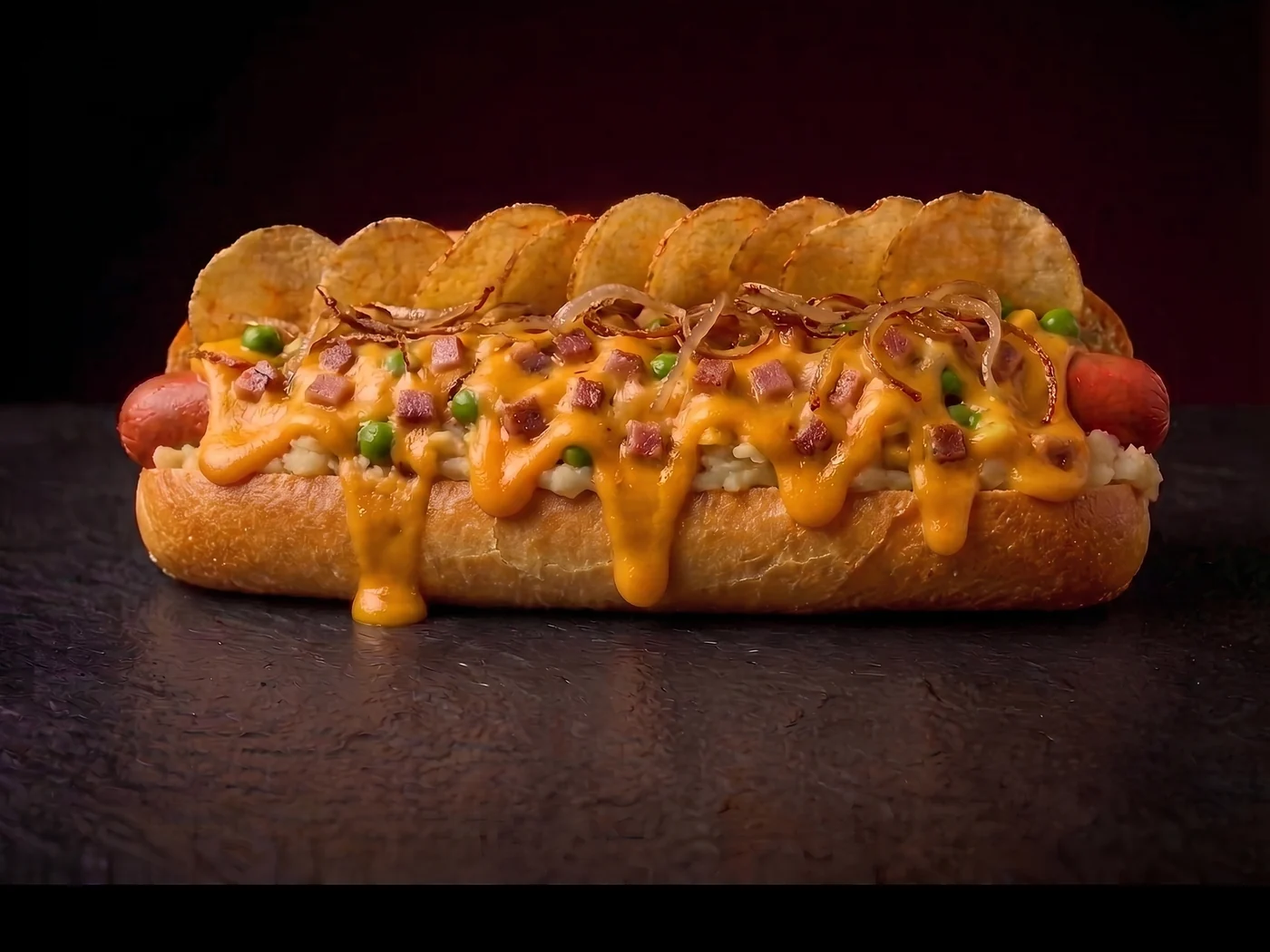 Dog Cheddar do Dog do Rubão, com purê, cheddar, bacon e chips